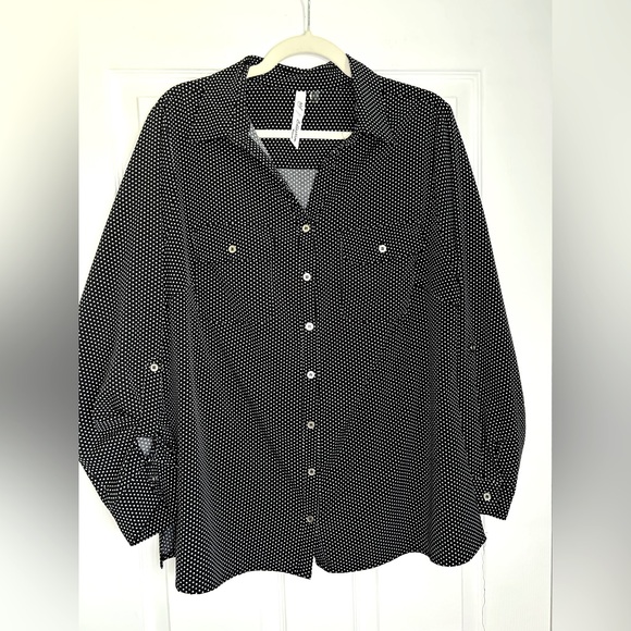 NY Collection Black Polka Dot Button Down Shirt - Picture 1 of 5